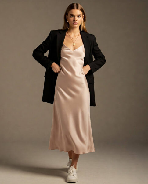 Žena ve stylovém outfitu s šaty