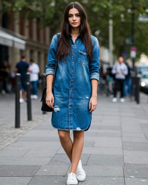 Žena ve stylovém outfitu s šaty