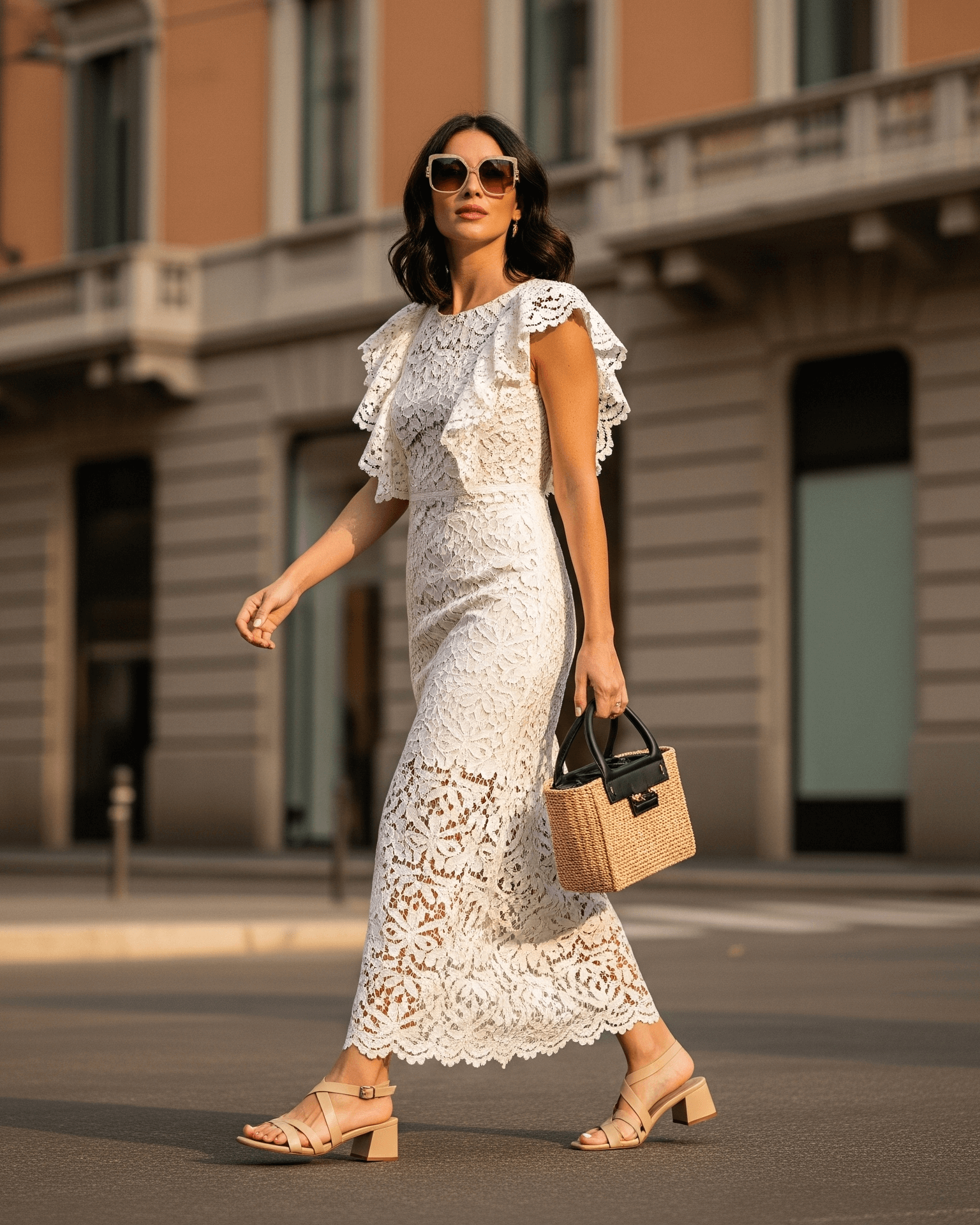 Žena na dovolené v trendy outfitu