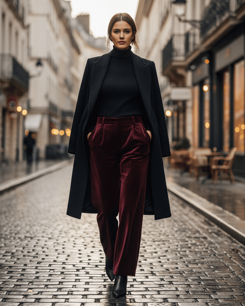 Žena v burgundy outfitu