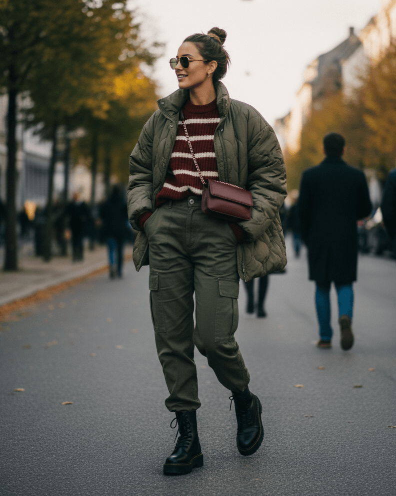 Žena v burgundy outfitu