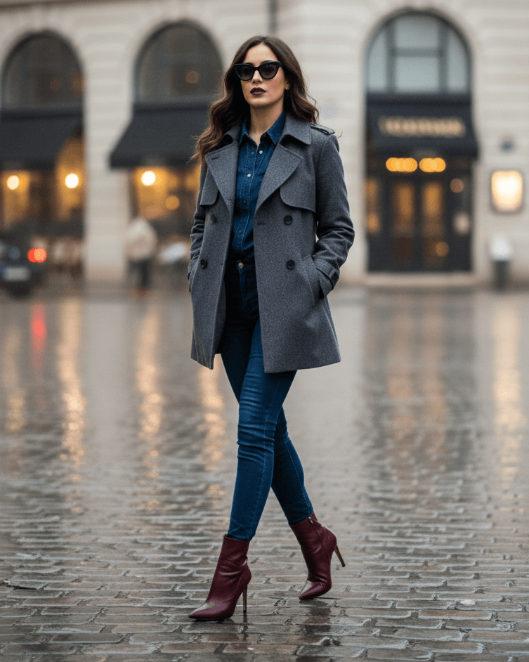 Žena v burgundy outfitu