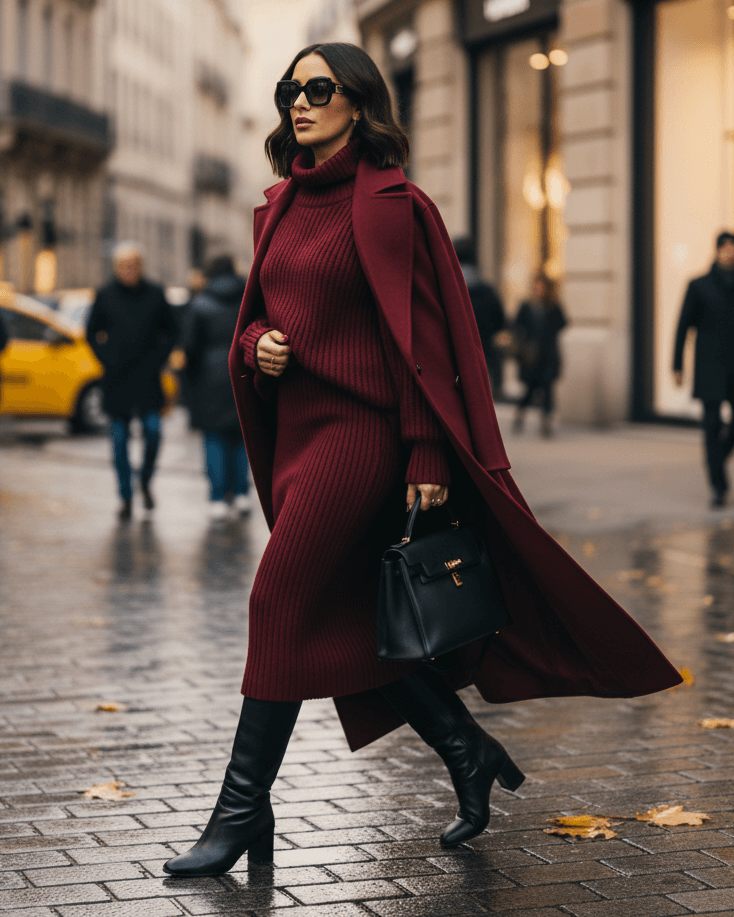 Žena v burgundy outfitu