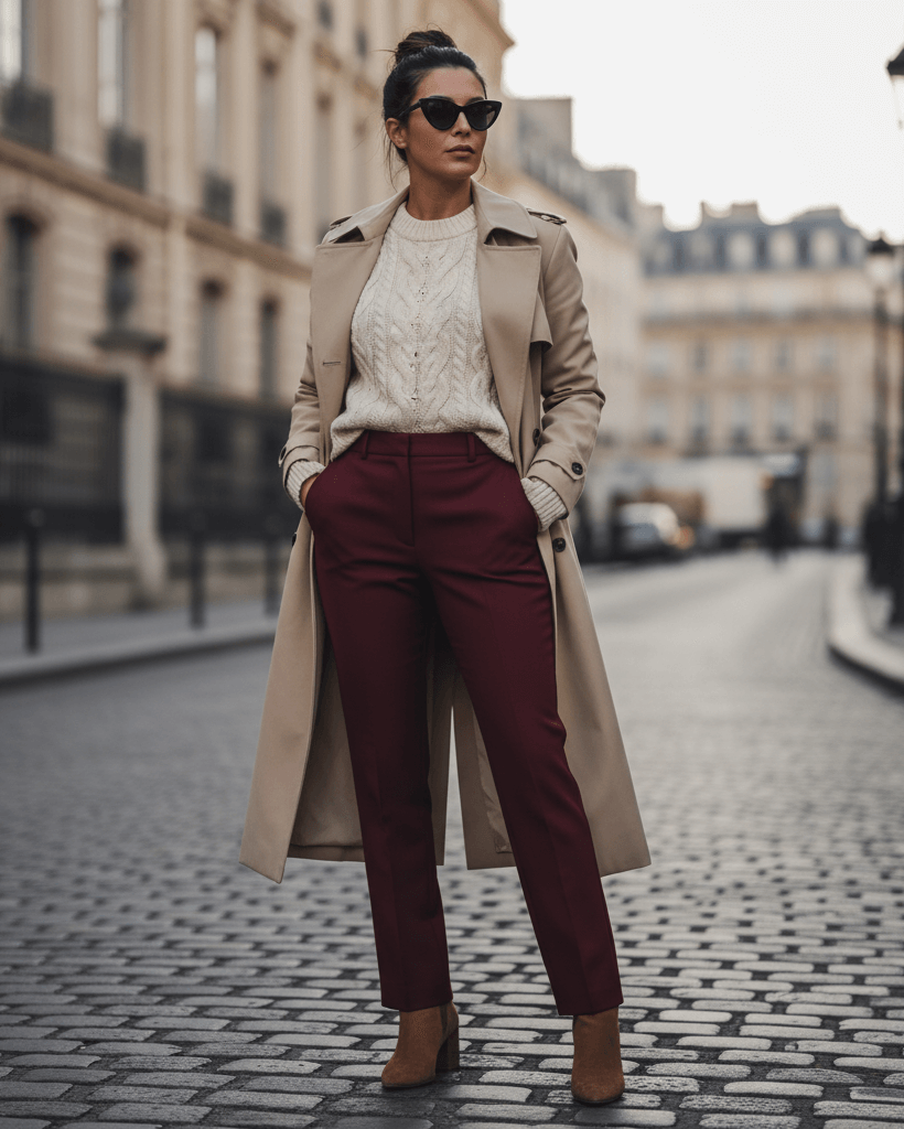 Žena v burgundy outfitu
