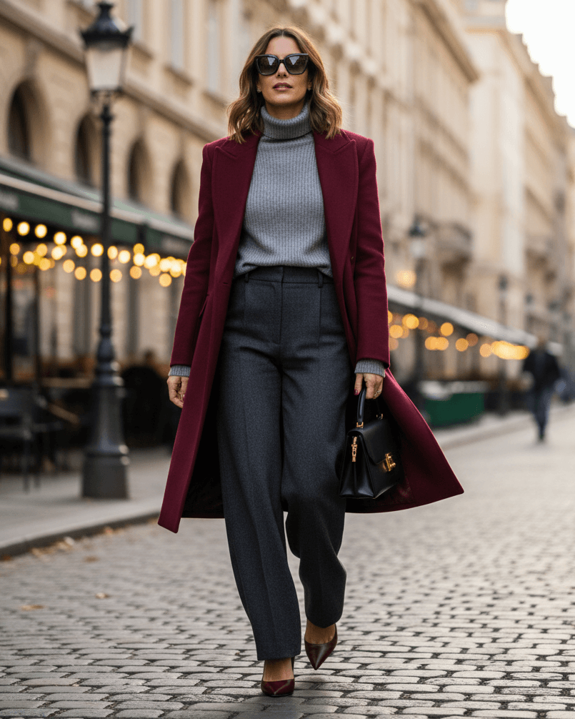 Žena v burgundy outfitu