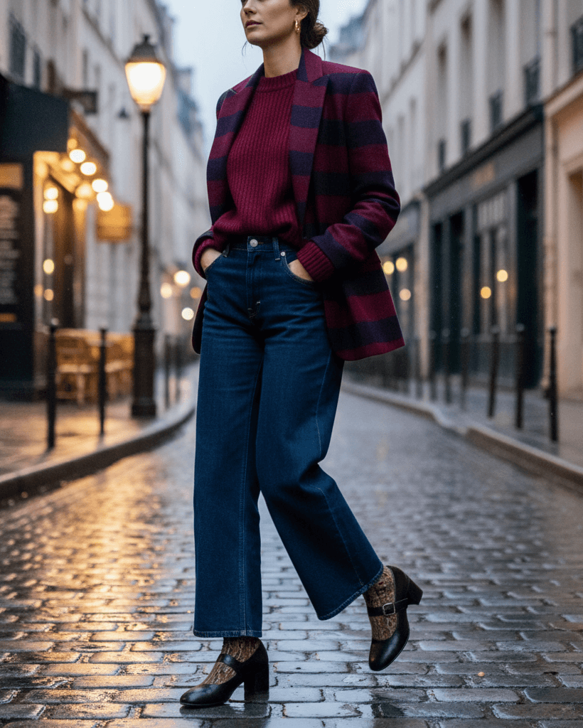 Žena v burgundy outfitu
