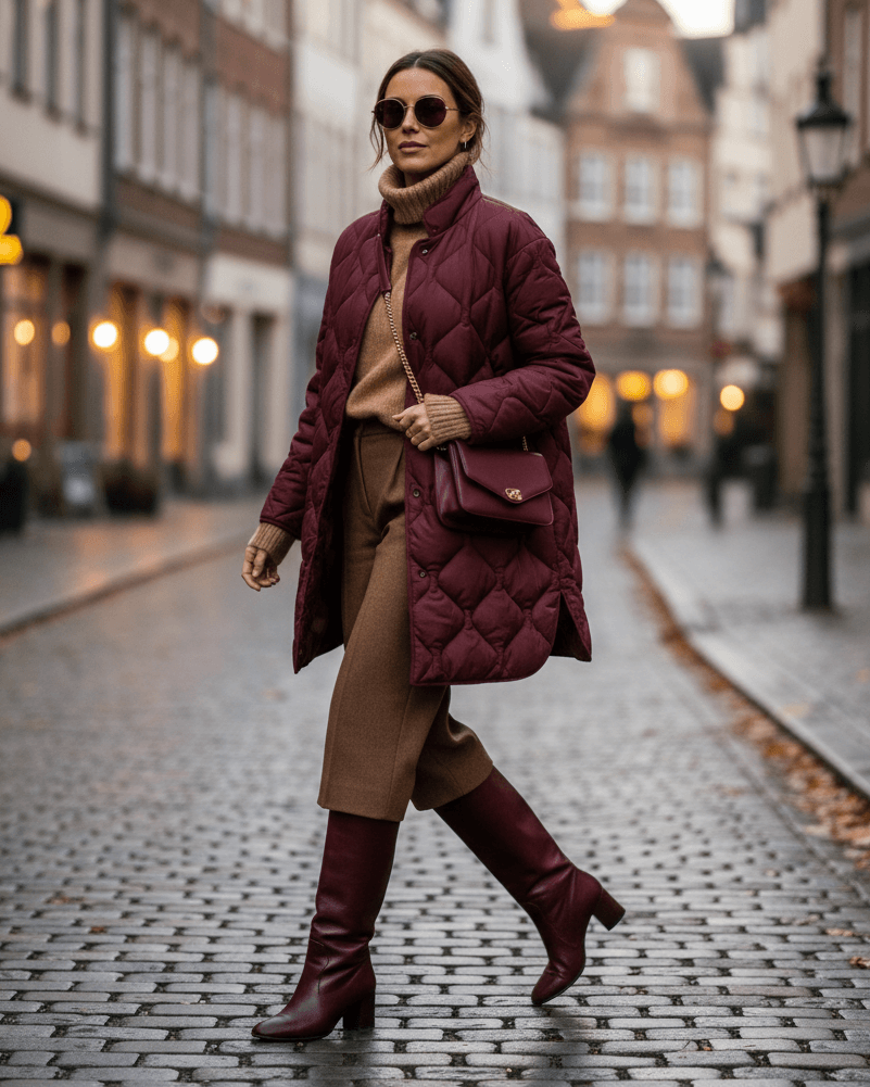 Žena v burgundy outfitu