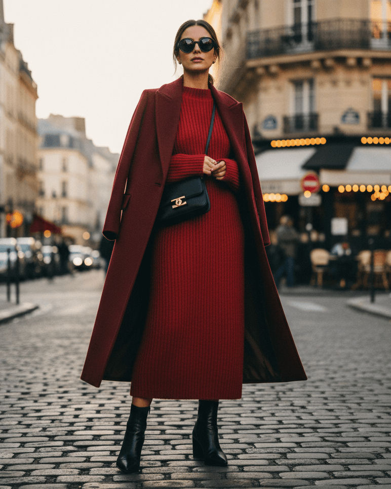 Žena v burgundy outfitu
