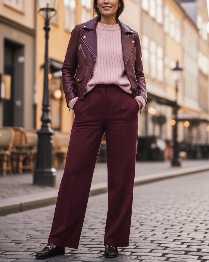 Žena v burgundy outfitu