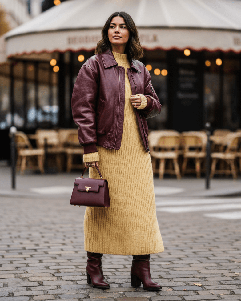 Žena v burgundy outfitu