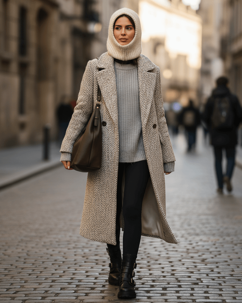 Žena ve stylovém zimním outfitu