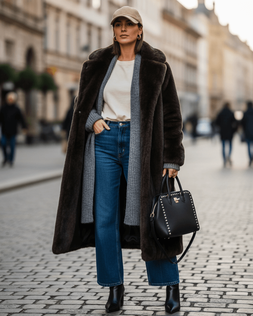 Žena ve stylovém zimním outfitu